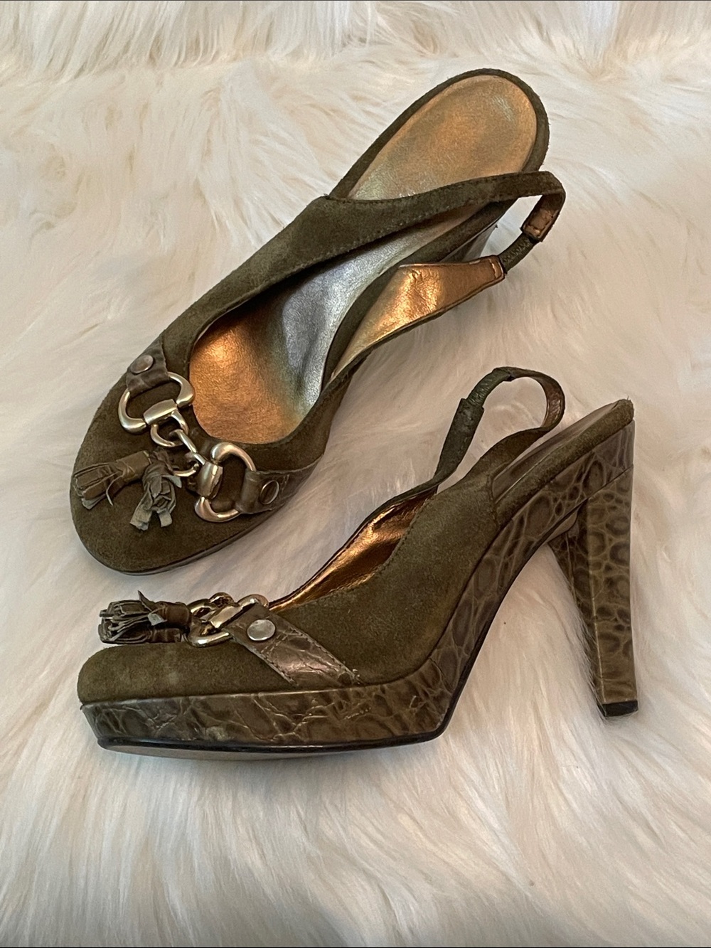 Nine West -Olive Green Suede Platform Slingback Heels with Chain Tassel -7